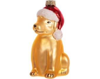 Puppy with Hat Shaped Bauble Festive Ornament  Novelty Gifts Glass Christmas Xmas Tree Dog Pet Animal Gold Decoration