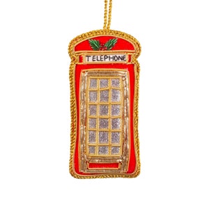 London Telephone Box Zari Embroidery Hanging Decoration Festive Ornament Christmas Tree Xmas Vintage Inspired Zari Beaded London Beaded Red 画像 5