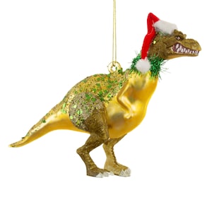 Glitter Dino Santasaurus Shaped Novelty Bauble Hanging Decoration Festive Ornament Christmas Tree Glass Green Dinosaur Personalised Name