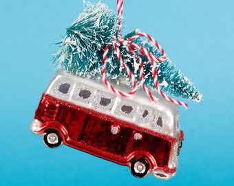 Red Camper Van With Tree Glass Decor Christmas Tree Hanging Decoration Festive Novelty Ornament Holiday Gifts Xmas Gift Red White