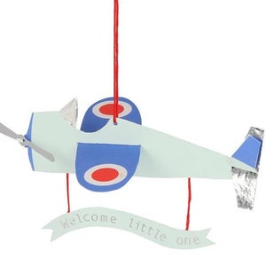 Mobile Baby Card avion "Bienvenue tout petit" ! Fournitures de fête d'anniversaire Décoration avion Baby shower volant suspendu chambre d'enfant bleu blanc