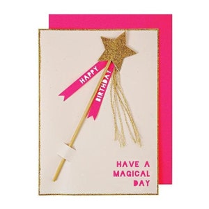 Carte d'anniversaire Baguette magique Joyeux anniversaire Étoile à message Enveloppe coordonnée Princesse Rose Baguette magique de fée scintillante