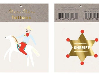 Sheriff Small Tattoos Pack of 2 Sheets Temporary Party Goody Favor Bags Kid&#39;s Children&#39;s Supplies Cowboy Western Old West Badge Star Badge