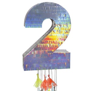Silver Two 2 Party Piñata Birthday Games Decor Celebration Numerical Age Celebration Decoration Holographic Supply Accessory 38cms 15inches