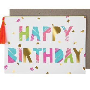 Schilderkunstige Happy Birthday Card Bericht Goudfolie Neon Kwastjes Versierd Confetti Meisje Jongen Goudfolie