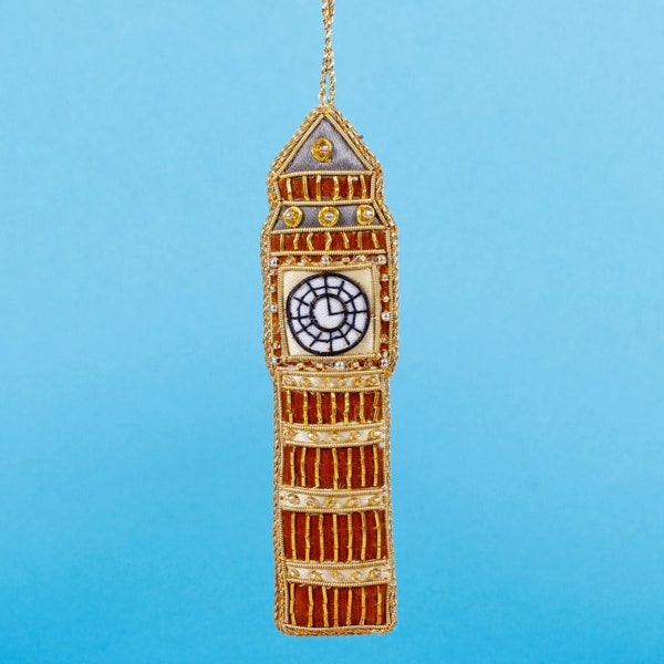 London Big Ben Embroidery Hanging Decoration Festive Ornament Christmas Tree Xmas Vintage Inspired Gold Zari White Embroidered