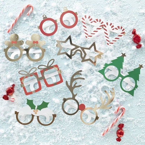 Novelty Christmas Glasses Pack of 8 Xmas Themed Event Party Festive Gingerbread Man Christmas Tree Pudding Reindeer Present Candy Cane Star