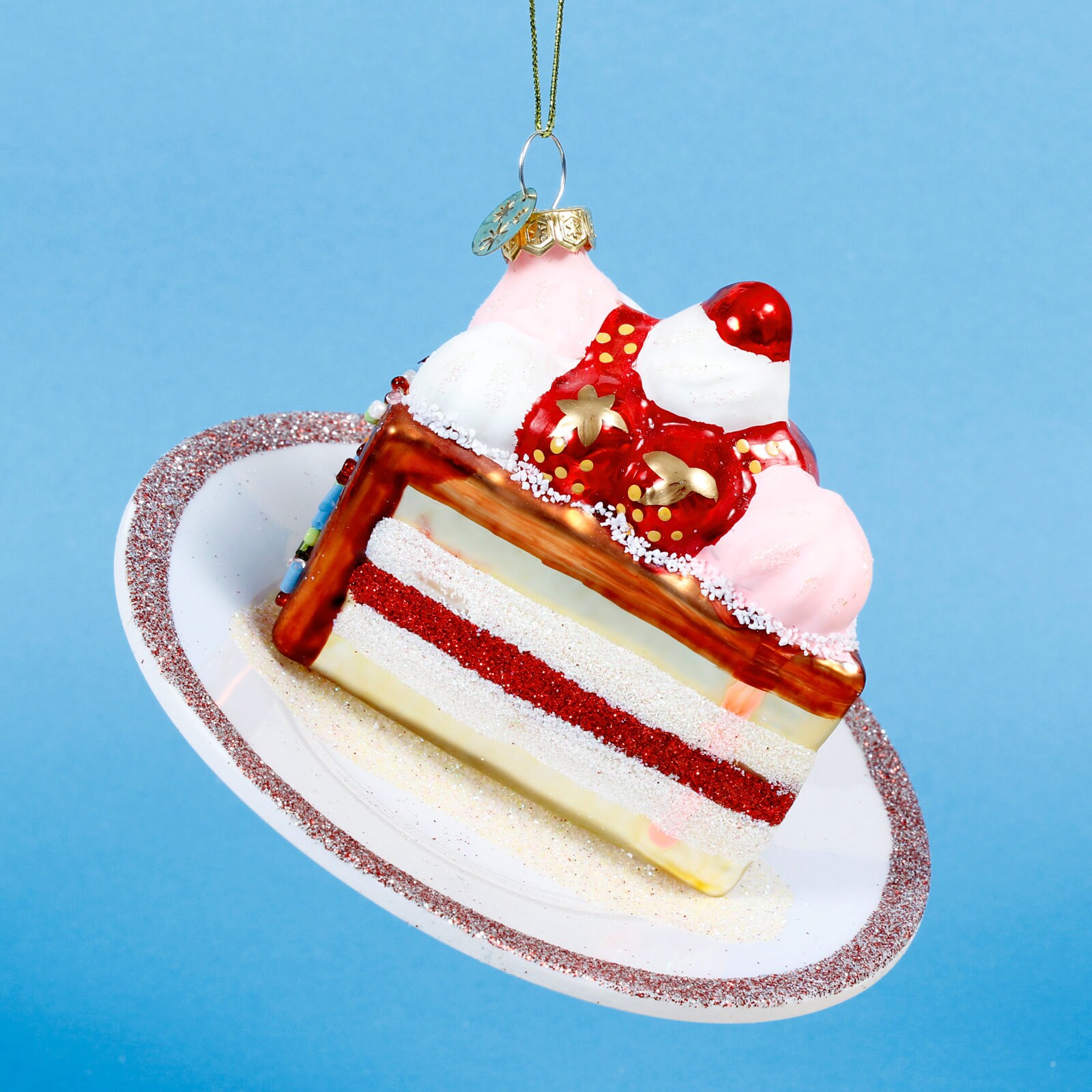 Slice of Cake on Plate Bauble Glitter Christmas Tree Hanging