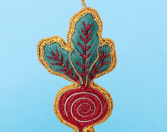 Beetroot Zari Embroidered Fabric Christmas Tree Hanging Decoration Festive Novelty Ornament Holiday Vegetables Gifts Personalised Name Charm