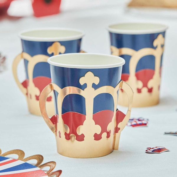 Union Jack and Gold Foil Crown Coronation Party Paper Cups Pack of 8 for King Charles Street Party Picnic Celebration Red White and Blue