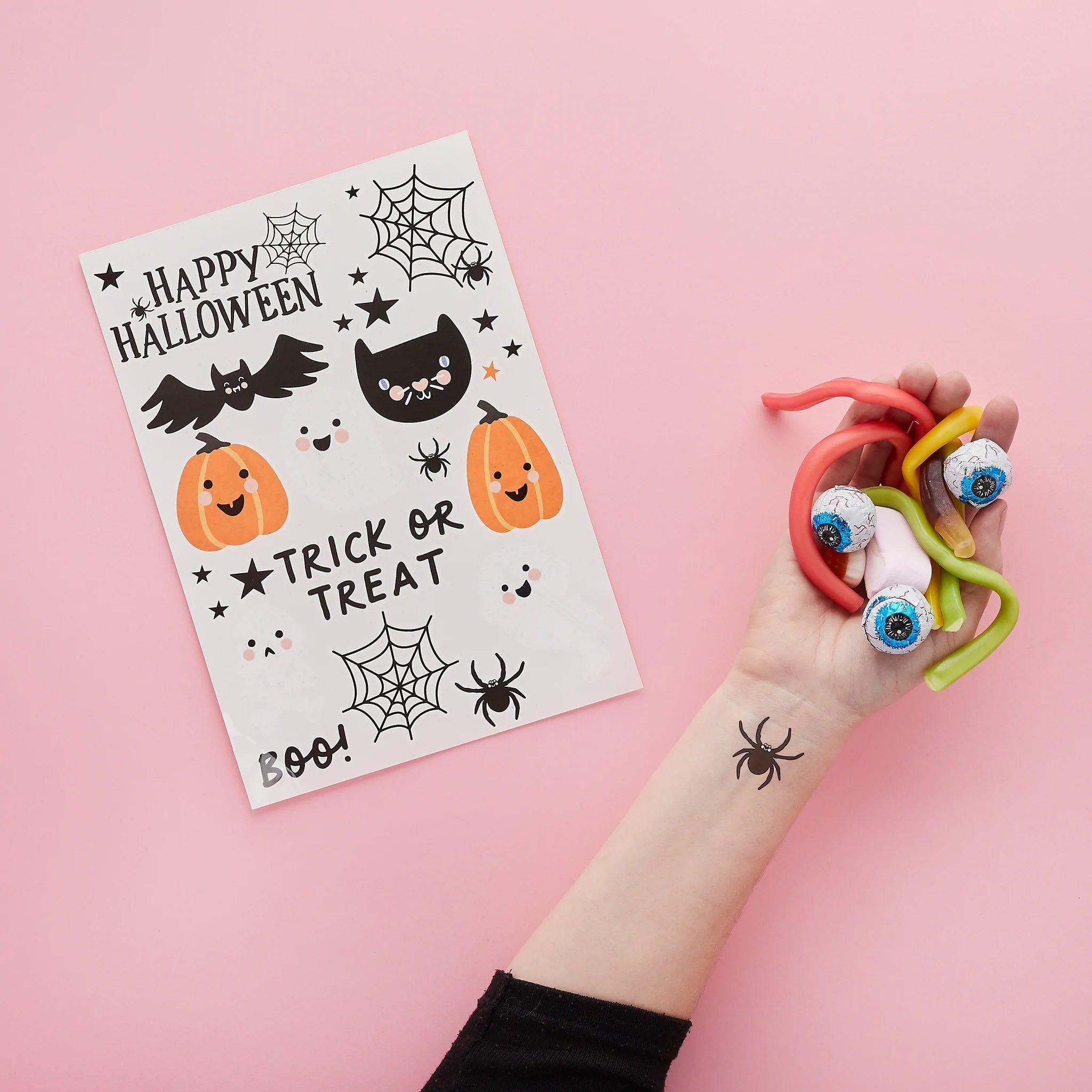Halloween Characters Temporary Tattoos (Set of 2 Sheets) with Pumpkin, Bats, Cobwebs, Spider, Cat Goody Favor Bags Kid's Party Supplies