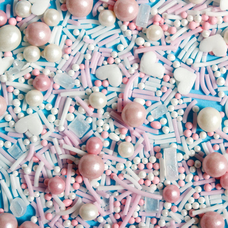 Cotton Candy Kisses Valentines Sprinkles Pink White Heart Mix Edible Cake Sprinkles Suitable for Vegans Gluten Dairy Free Pearls Cupcakes image 3