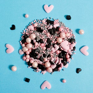 Bad Romance Valentines Day Mix Cake Sprinkles Suitable for Vegans Gluten Free Pink Black Hearts Shapes Nonpareils Sanding Sugar Cupcakes