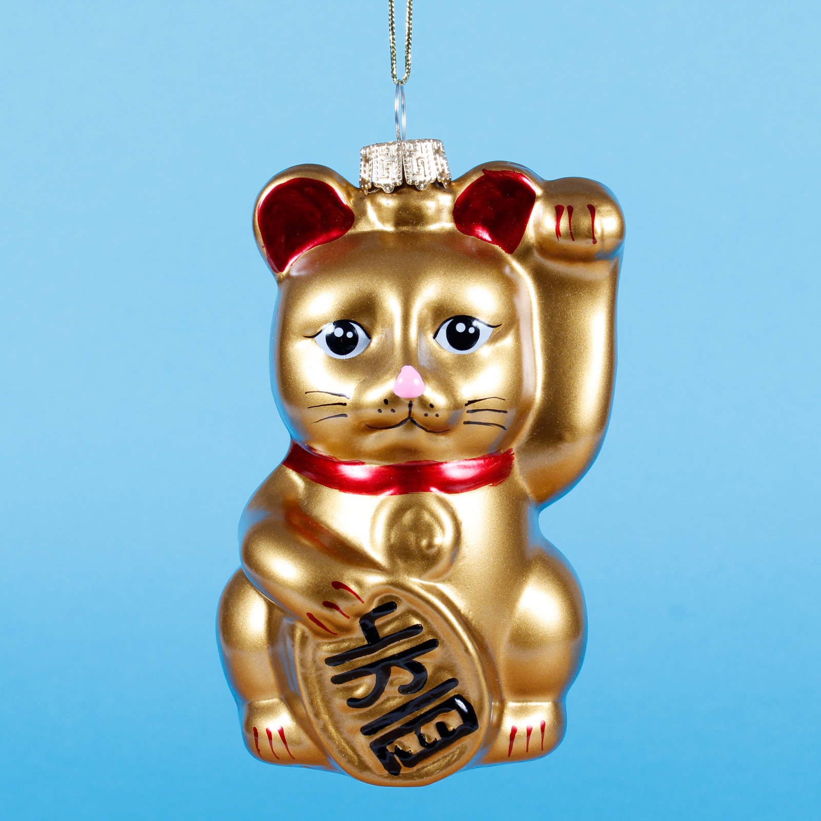 Gold Lucky Cat With A Koban Gold Coin Glass Christmas Tree Hanging