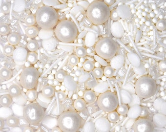 White Wedding Sprinkle Mix Edible Cake Decor Suitable for Vegans Gluten Dairy Free Halal Pearls Sugar Strands Jimmies Cupcakes Baking Gifts