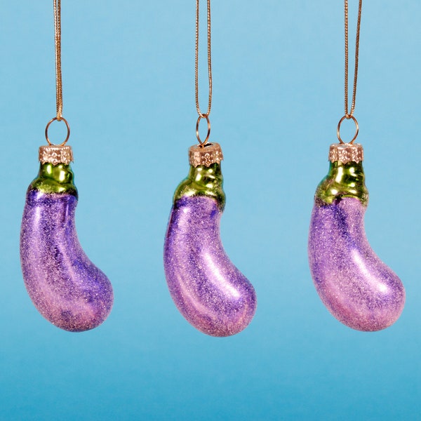 Aubergine Mini Bauble - Set of 3 Hanging Novelty Decorations Christmas Tree Eggplant Ornament Garden Gifts Vegetable Personalised Name Charm