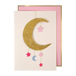 Baby Girl Gold Moon Mobile Glückwunschkarte Grußkarte für Baby Mädchen und Babypartys in Gold und Pink