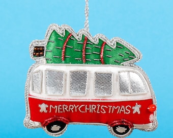 Christmas Camper Van Zari Embroidery Hanging Decoration Christmas Tree Novelty Ornaments Xmas Camper's Travel Gift Personalised Name Charm