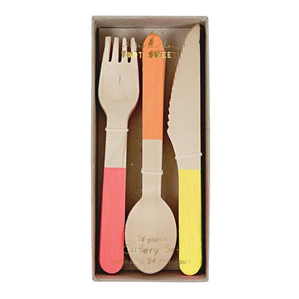 Neon Wooden Cutlery Set Pack of 24 in 3 Utensils for Fun Kids Birthday Party Kids Food Occasion Themed Event Catering Party Supplies