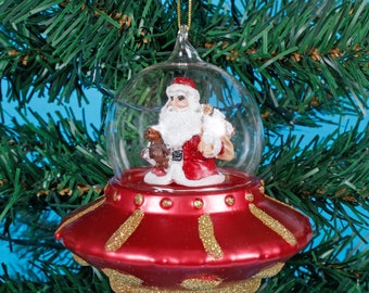 Santa In A UFO Shaped Bauble Hanging Decoration Festive Ornament Christmas Tree Xmas Glass Gift Silver Red Gift