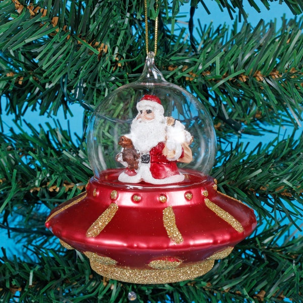 Santa In A UFO Shaped Bauble Hanging Decoration Festive Ornament Christmas Tree Xmas Glass Gift Silver Red Gift