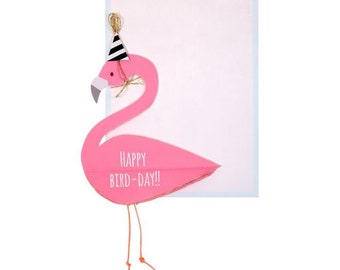 Flamingo Honeycomb Card Inside Message: Happy Bird-day! Greeting Card Party Supplies Decoration Pink Bird Tropical Jungle Summer Pop Up