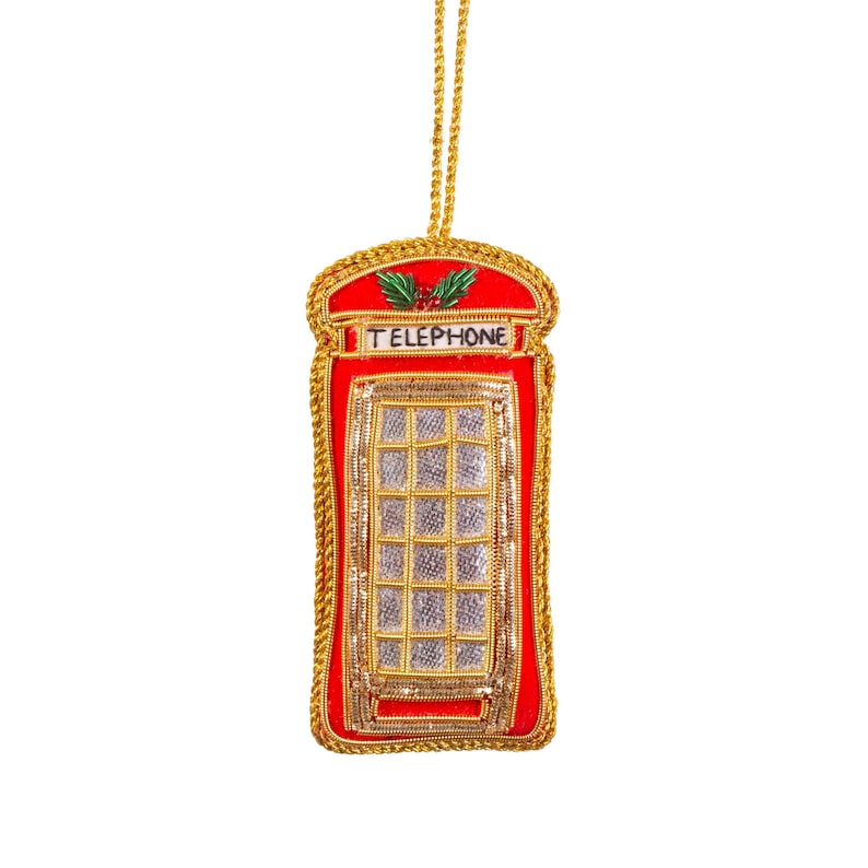 London Telephone Box Zari Embroidery Hanging Decoration Festive Ornament Christmas Tree Xmas Vintage Inspired Zari Beaded London Beaded Red 画像 5