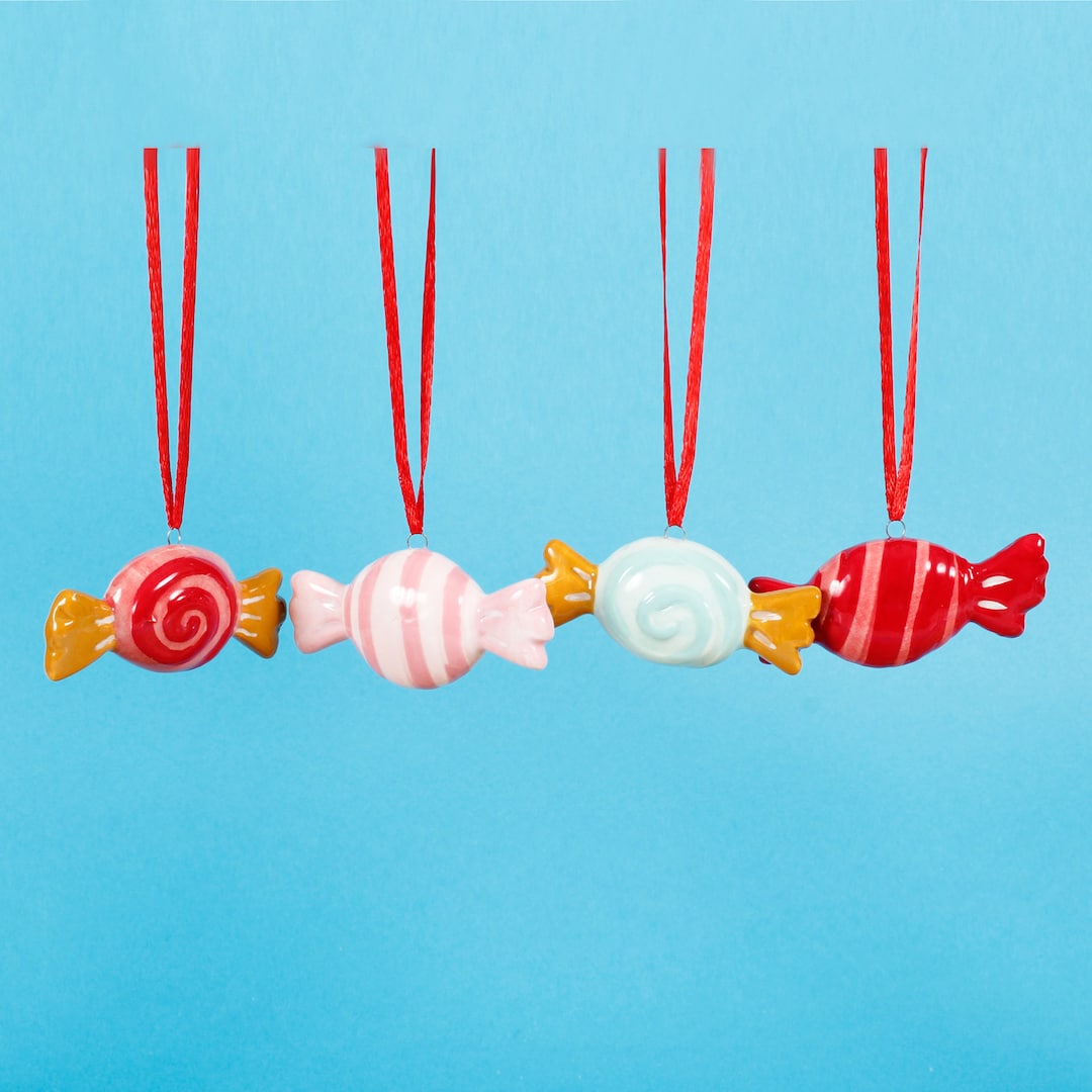 Set of 4 Wrapped Candies Baubles Ceramic Christmas Tree Hanging Decoration Festive Novelty