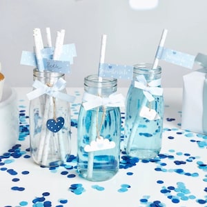 Blauwe en witte babyshower papieren rietjes met gepersonaliseerde papieren vlaggen, pak van 20 voor gender-onthullingsfeest, nieuwe babyfeesttafel, feestartikelen