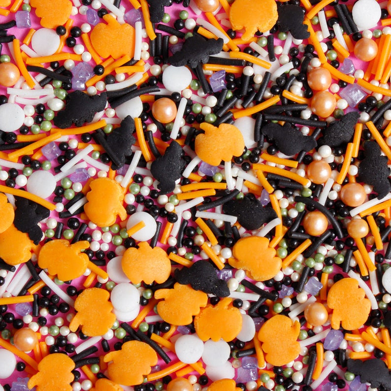 Jacks n Bats Halloween Sprinkles Vegan Gluten Free Orange Pumpkins Black Bats White Green Mix for Cake Decorating Dairy Free Natural Color image 3