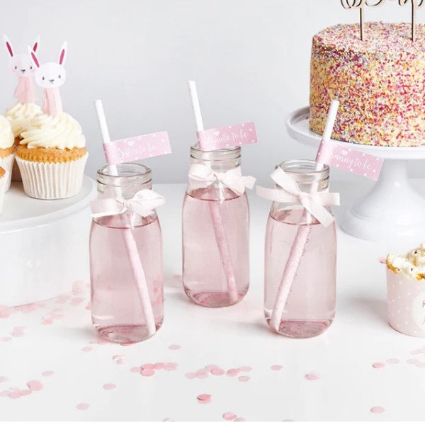 Pink and White Baby Shower Paper Straws with Personalised Paper Flags Pack of 20 for Gender Reveal Party New Baby Party Table Party Supplies