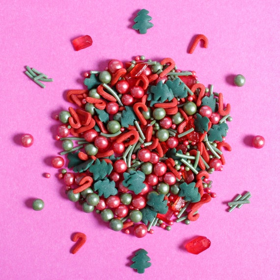 Edible Confetti Sprinkles Cookie Cake Cupcake Christmas RED AND GREEN TREES 4 oz 