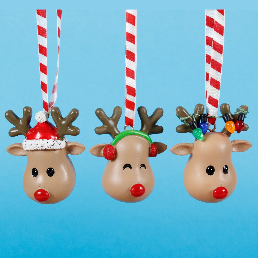 Talking Rudolph Decorations Rudolph Head Shaped Hanging Decoration- Set of 3 Glass Bauble Christmas ...