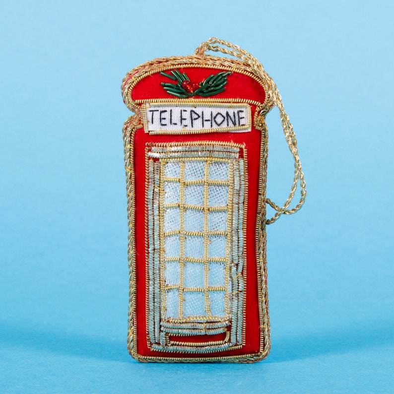 London Telephone Box Zari Embroidery Hanging Decoration Festive Ornament Christmas Tree Xmas Vintage Inspired Zari Beaded London Beaded Red image 4