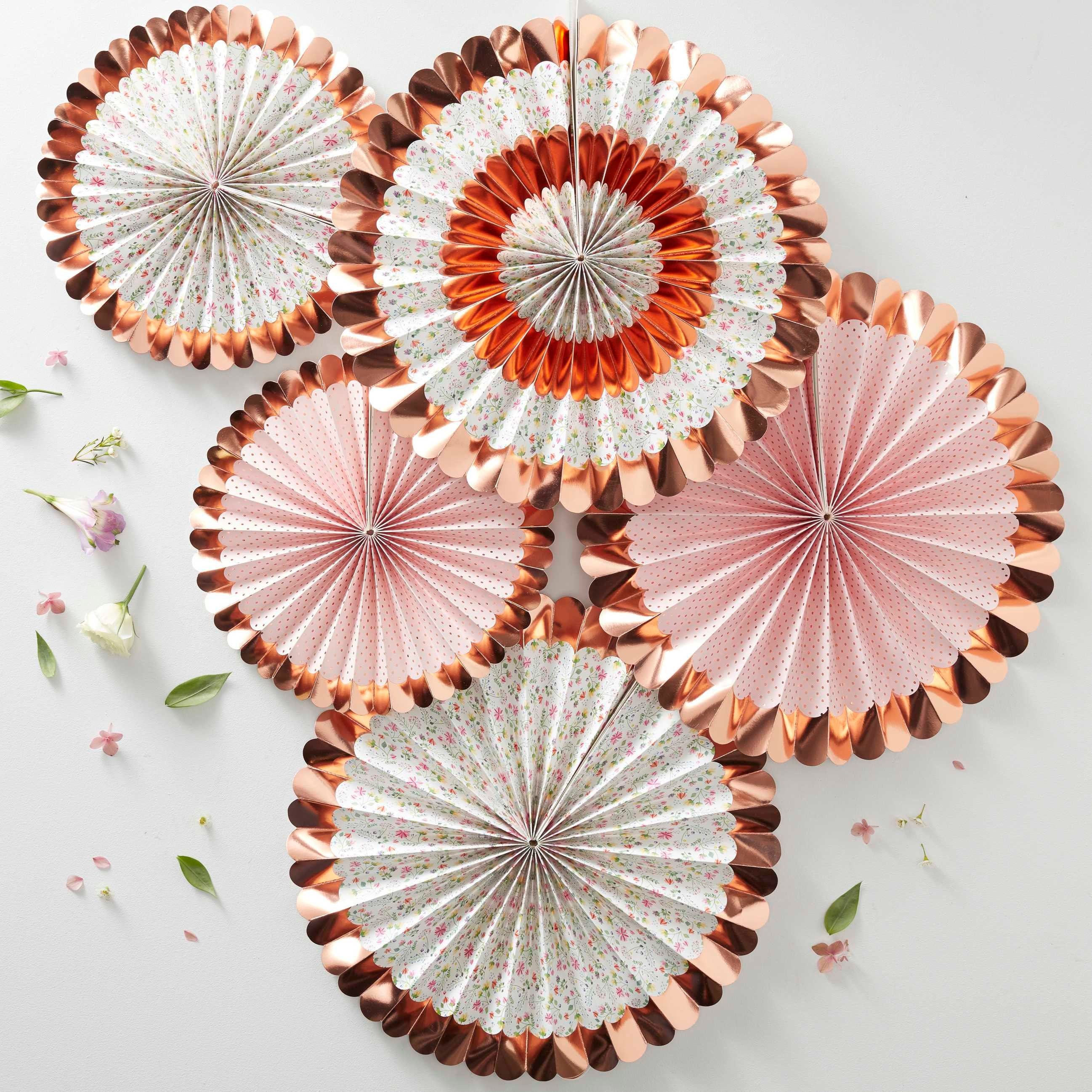 Rose Gold Floral Pinwheel Paper Fan Decorations Pack of 5 Wedding Baby ...