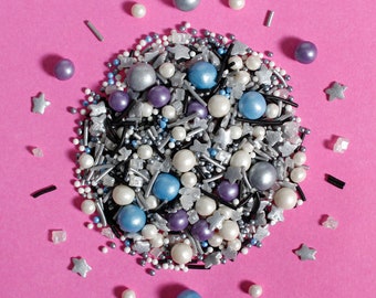 Dappled Sky Mix Natural Sprinkles Suitable for Vegans Gluten Dairy Free Mixed Silver White Blue  Pearls Strands Jimmies Cup Cake Baking Gift