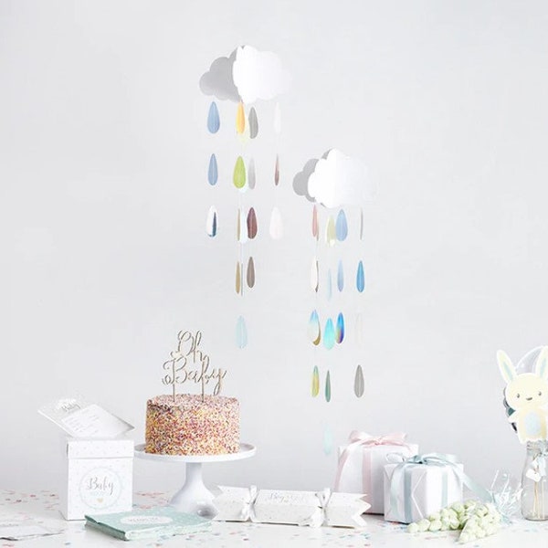 Cloud with Multicolored Droplets Hanging Decoration Pack of 2 for Baby Shower Unisex Party Events Kids Mobile for Nursery Playroom