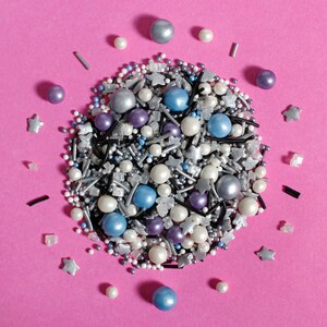 Dappled Sky Mix Natural Sprinkles Suitable for Vegans Gluten Dairy Free Mixed Silver White Blue  Pearls Strands Jimmies Cup Cake Baking Gift