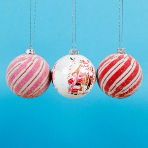 Candy Stripe Baubles Set of 3 Red Pink and White Glitter Christmas Tree Hanging Decorations Festive Ornaments Personalised Name Charm