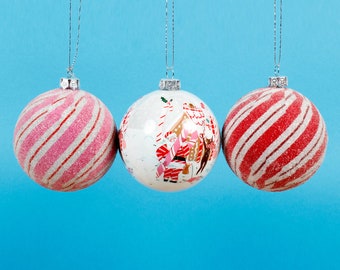 Candy Stripe Baubles Set of 3 Red Pink and White Glitter Christmas Tree Hanging Decorations Festive Ornaments Personalised Name Charm
