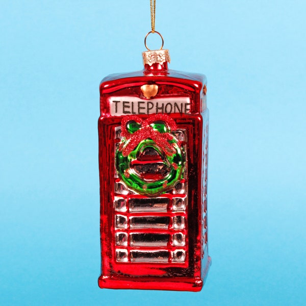 Phone Box With Wreath Shaped Bauble Hanging Decoration Xmas Christmas Ornament Red London Telephone Box Holly