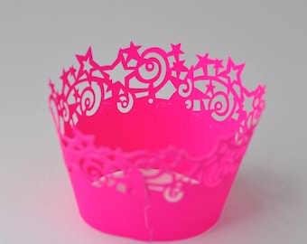 Neon Pink Stars Cupcake Wrapper Pack of 6 Birthdays Star Neon Garden Tea Parties Great Shimmer Cupcake Accessories and Gift for Bakers