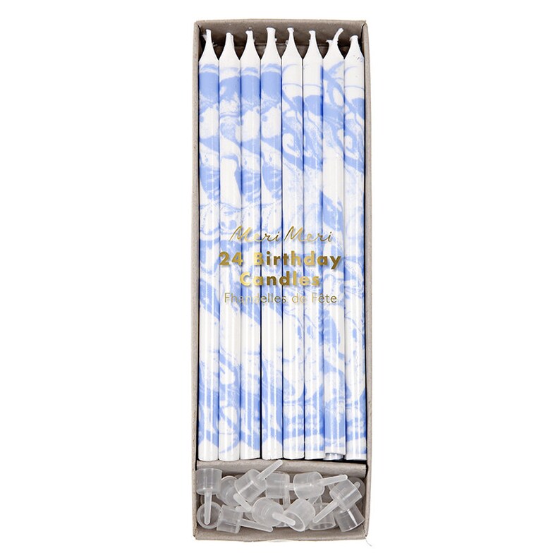 Marble Blue and White Cake Candles 6 Tall 24 Pack for Ombre Drip Birthday Cakes and Party Celebrations White Pastel 24 Clear Candle Holders