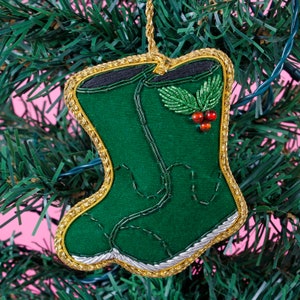 Wellington Boots Zari Embroidered Fabric Christmas Tree Hanging Decoration Festive Novelty Ornament Holiday Gardening Shoe Gifts image 2