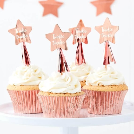 Rose Gold Foil Baby Shower Twinkle Twinkle Star Shape Cupcake Topper  Celebrations Congratulations New Baby Tassel 12 x 4cm Pack of 12