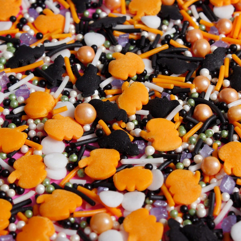 Jacks n Bats Halloween Sprinkles Vegan Gluten Free Orange Pumpkins Black Bats White Green Mix for Cake Decorating Dairy Free Natural Color image 5