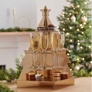 Gold 3D Christmas Tree Treat and Drinks Stand 55 cm Tall Festive Party Table Centrepiece Xmas Decoration Stand Unique Display Buffet Table