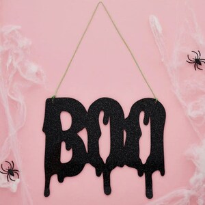 Boo Black Glitter Acrylic Sign W250mm x H205mm for Halloween Party Occasion Kids Sparkly Spooky Door Hanging Sign Hanging Decorations imagem 1