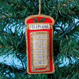 London Telephone Box Zari Embroidery Hanging Decoration Festive Ornament Christmas Tree Xmas Vintage Inspired Zari Beaded London Beaded Red 画像 2