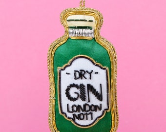 Gin Bottle Zari Embroidery Hanging Decoration Festive Ornament Christmas Tree Beaded Green Gold G n T Tonic Gift Personalised Name Charm